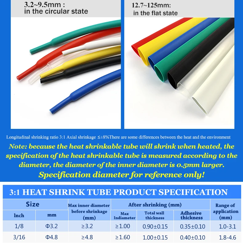 1M 3:1 Ratio Dual Wall Heat Shrink Tube Thick Glue Shrinkable Tubing Adhesive Lined Wrap Wire Kit 1.6/2.4/3.2/4.8/6.4/7.9/mm