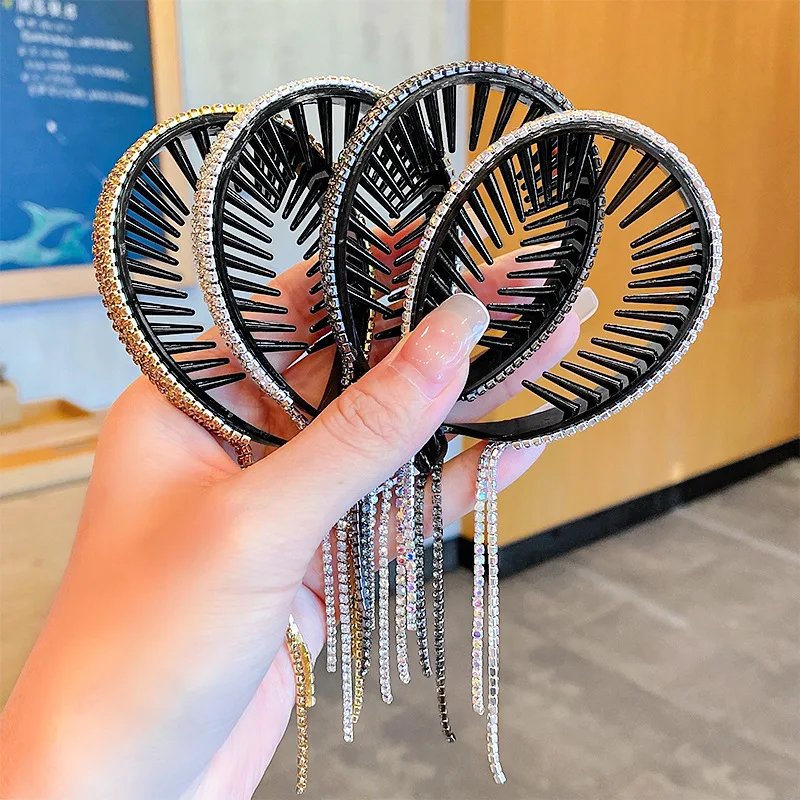 New Women Elegant Luxury Rhinestone Tassel Ponytail Hair Claws Lady Sweet Meatball Hair Clips Headband Fashion Hair Accessories