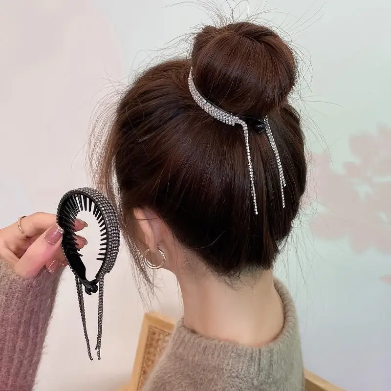 New Women Elegant Luxury Rhinestone Tassel Ponytail Hair Claws Lady Sweet Meatball Hair Clips Headband Fashion Hair Accessories