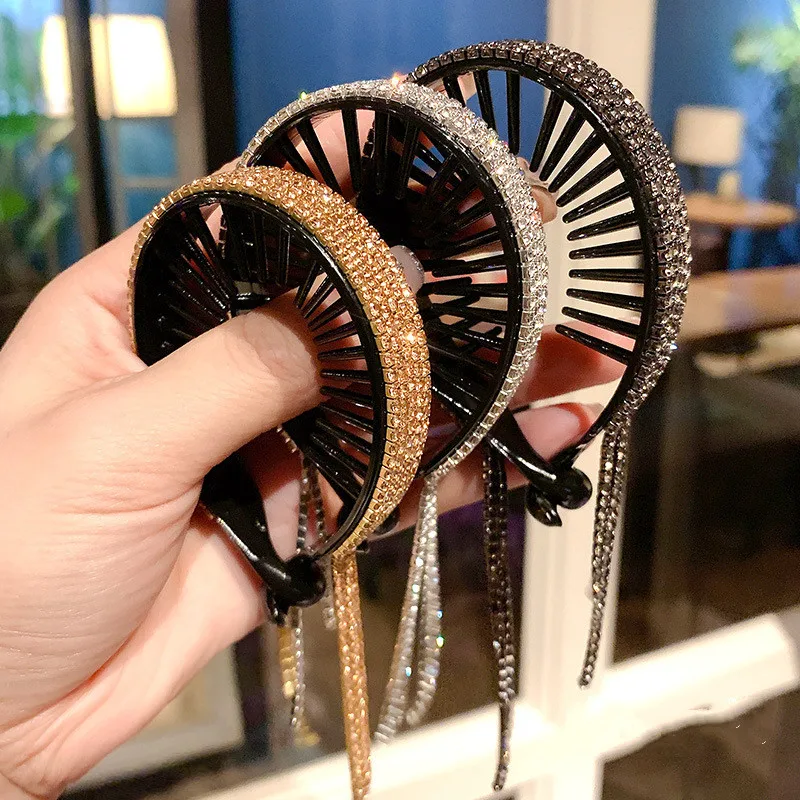 New Women Elegant Luxury Rhinestone Tassel Ponytail Hair Claws Lady Sweet Meatball Hair Clips Headband Fashion Hair Accessories