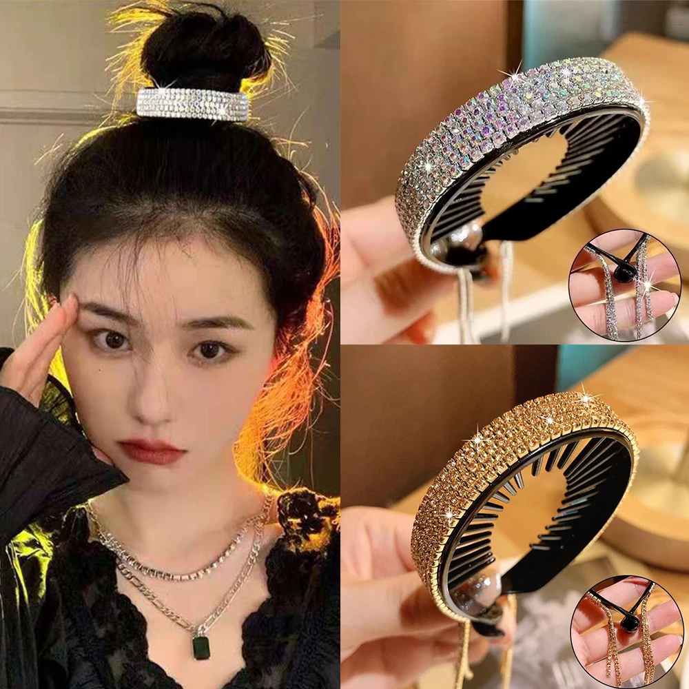 New Women Elegant Luxury Rhinestone Tassel Ponytail Hair Claws Lady Sweet Meatball Hair Clips Headband Fashion Hair Accessories