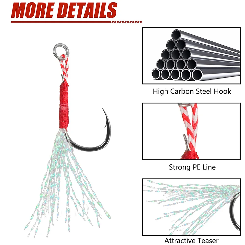 50Pcs Assist Hooks for Slow Jigging Metal Jig Barbed Hook Tying Up Fishhook With Teaser Feather Saltwater Fishing Hook Set