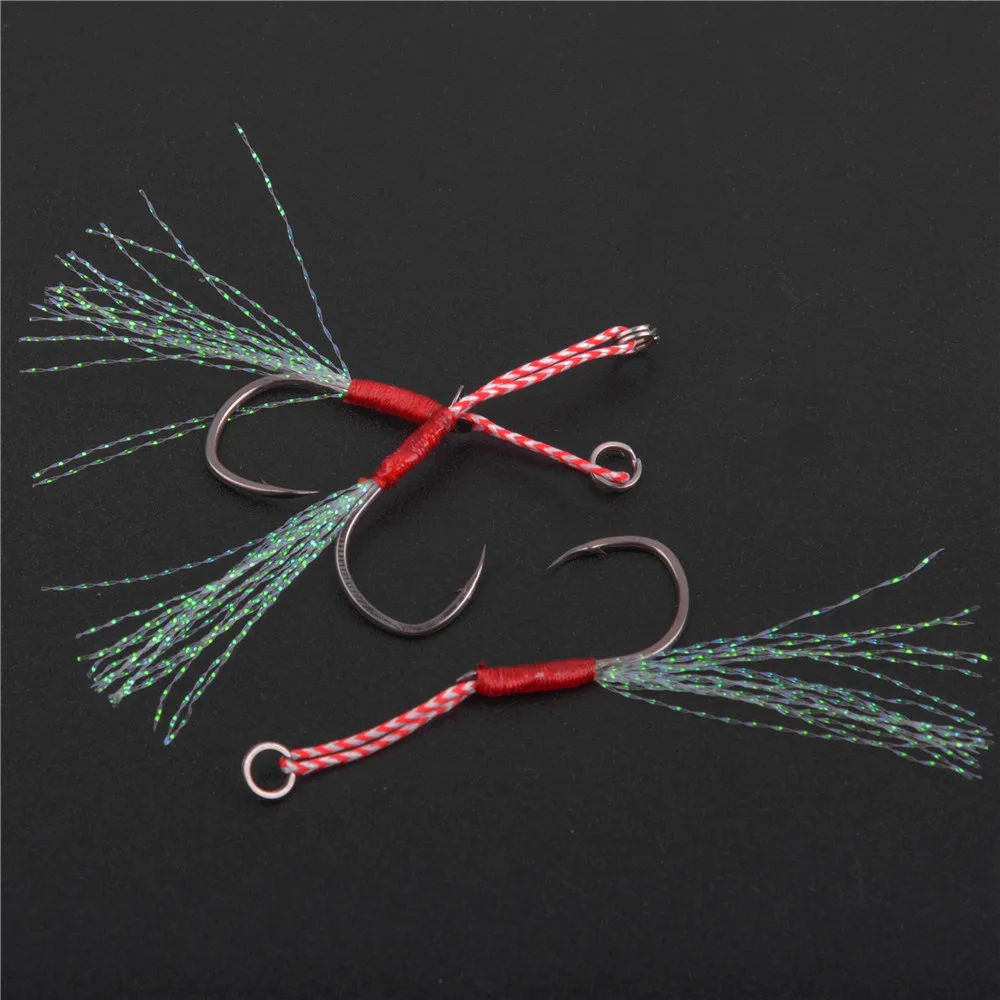 50Pcs Assist Hooks for Slow Jigging Metal Jig Barbed Hook Tying Up Fishhook With Teaser Feather Saltwater Fishing Hook Set