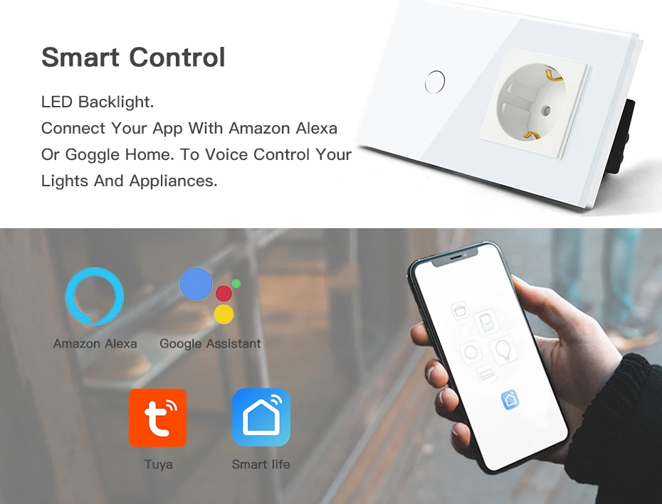 BSEED Tuya Zigbee Smart Switch 1/2/3Gang 1/2/3Way No Neutral Wall Touch Switch Smart Home Control EU Power Socket Without Wifi