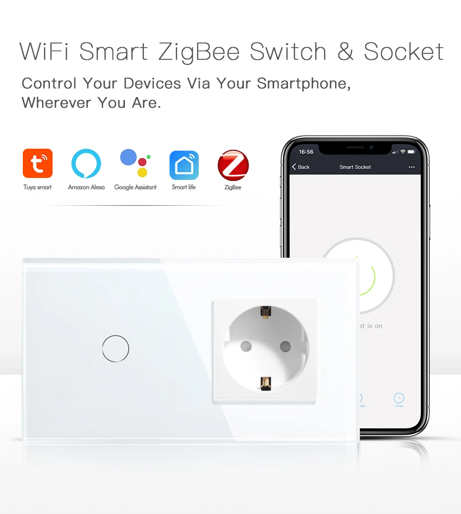 BSEED Tuya Zigbee Smart Switch 1/2/3Gang 1/2/3Way No Neutral Wall Touch Switch Smart Home Control EU Power Socket Without Wifi