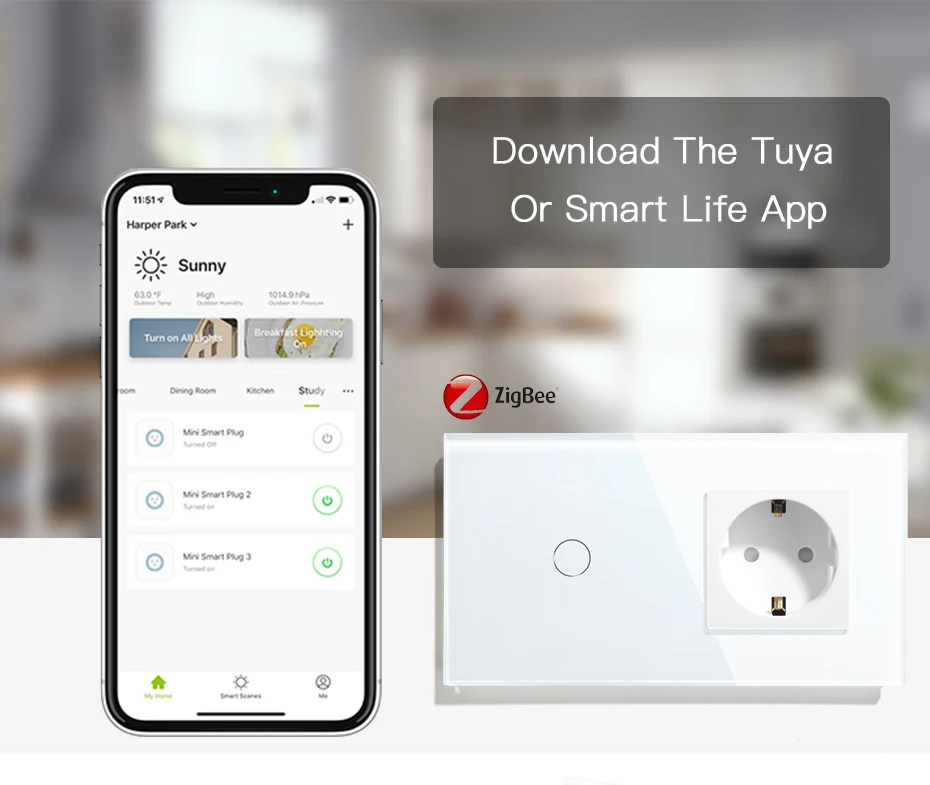 BSEED Tuya Zigbee Smart Switch 1/2/3Gang 1/2/3Way No Neutral Wall Touch Switch Smart Home Control EU Power Socket Without Wifi