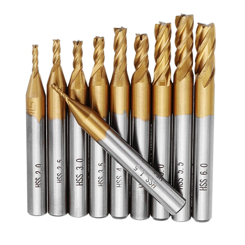 4 Flutes Milling Cutters HSS Titanium End Mill Set 6/10Pcs 1.5-6mm 6mm Shank CNC Router Bit For Wood Metal Steel Milling