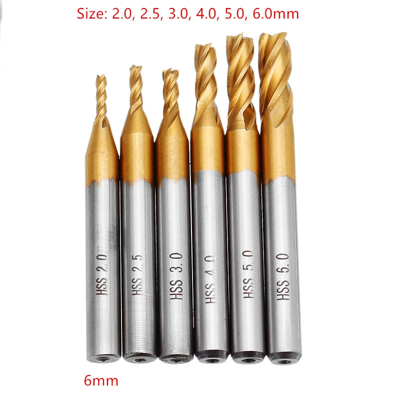 4 Flutes Milling Cutters HSS Titanium End Mill Set 6/10Pcs 1.5-6mm 6mm Shank CNC Router Bit For Wood Metal Steel Milling