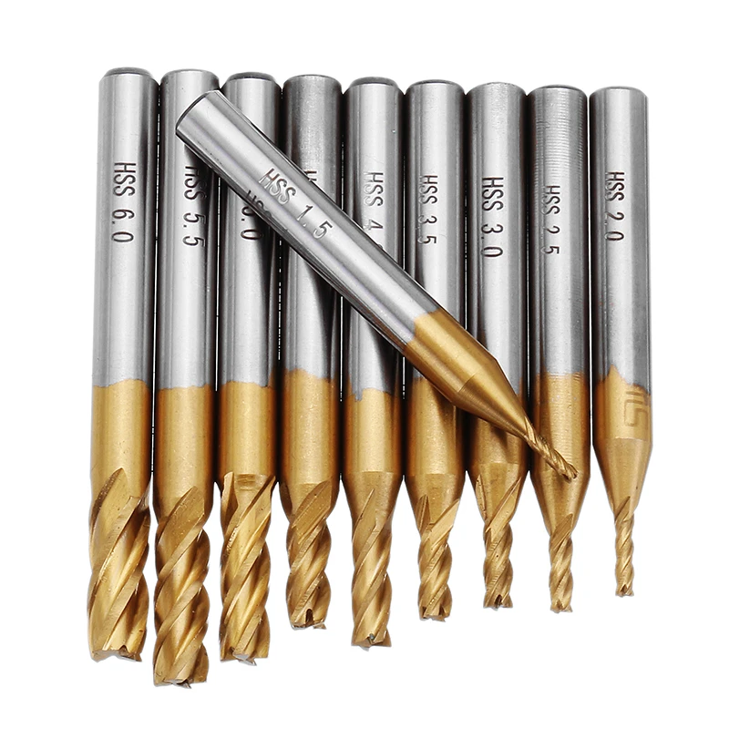 4 Flutes Milling Cutters HSS Titanium End Mill Set 6/10Pcs 1.5-6mm 6mm Shank CNC Router Bit For Wood Metal Steel Milling