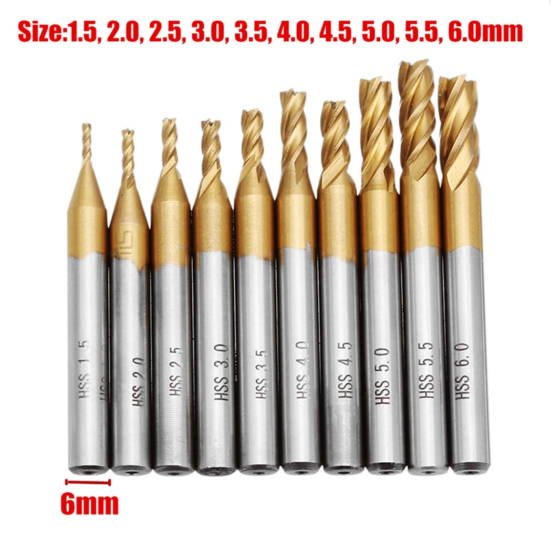 4 Flutes Milling Cutters HSS Titanium End Mill Set 6/10Pcs 1.5-6mm 6mm Shank CNC Router Bit For Wood Metal Steel Milling