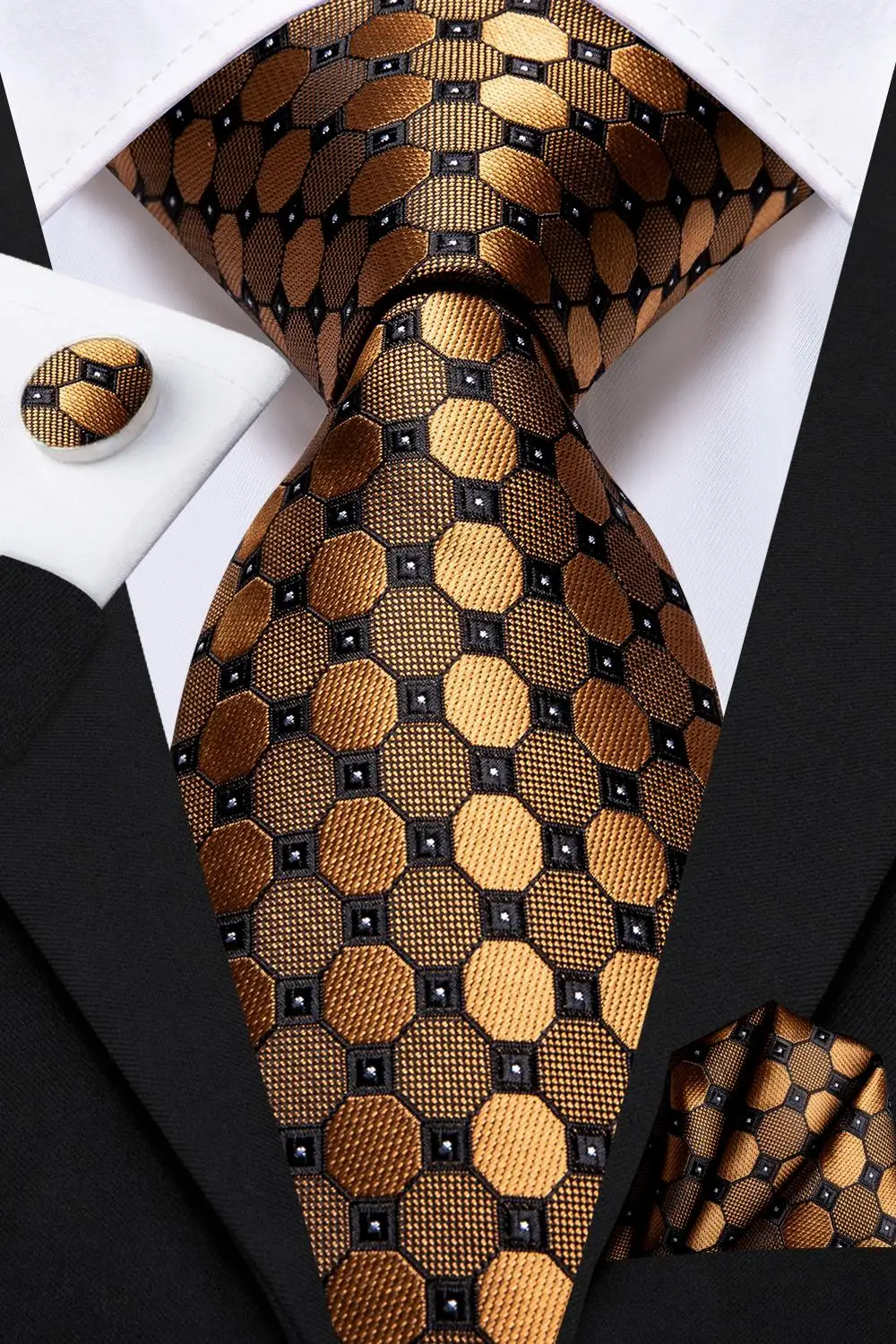 Hi-Tie Black Gold Orange Dot Paisley Wedding Tie For Men Handky Cufflink Fashion Design Tie For Men Business Party Dropship
