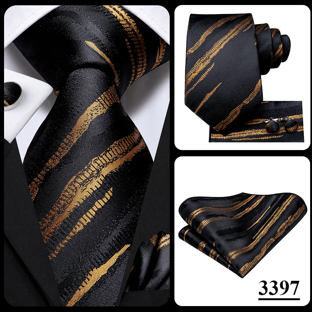 Hi-Tie Black Gold Orange Dot Paisley Wedding Tie For Men Handky Cufflink Fashion Design Tie For Men Business Party Dropship