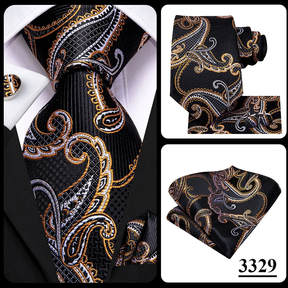 Hi-Tie Black Gold Orange Dot Paisley Wedding Tie For Men Handky Cufflink Fashion Design Tie For Men Business Party Dropship