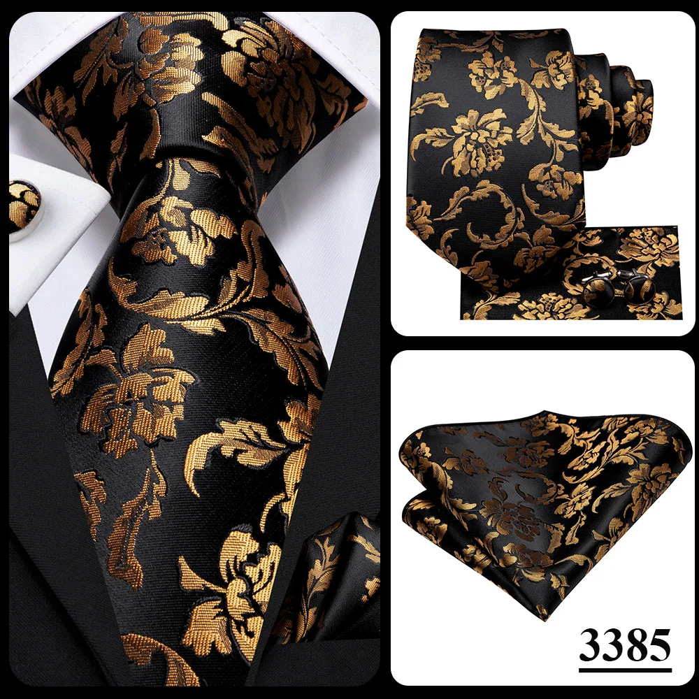 Hi-Tie Black Gold Orange Dot Paisley Wedding Tie For Men Handky Cufflink Fashion Design Tie For Men Business Party Dropship