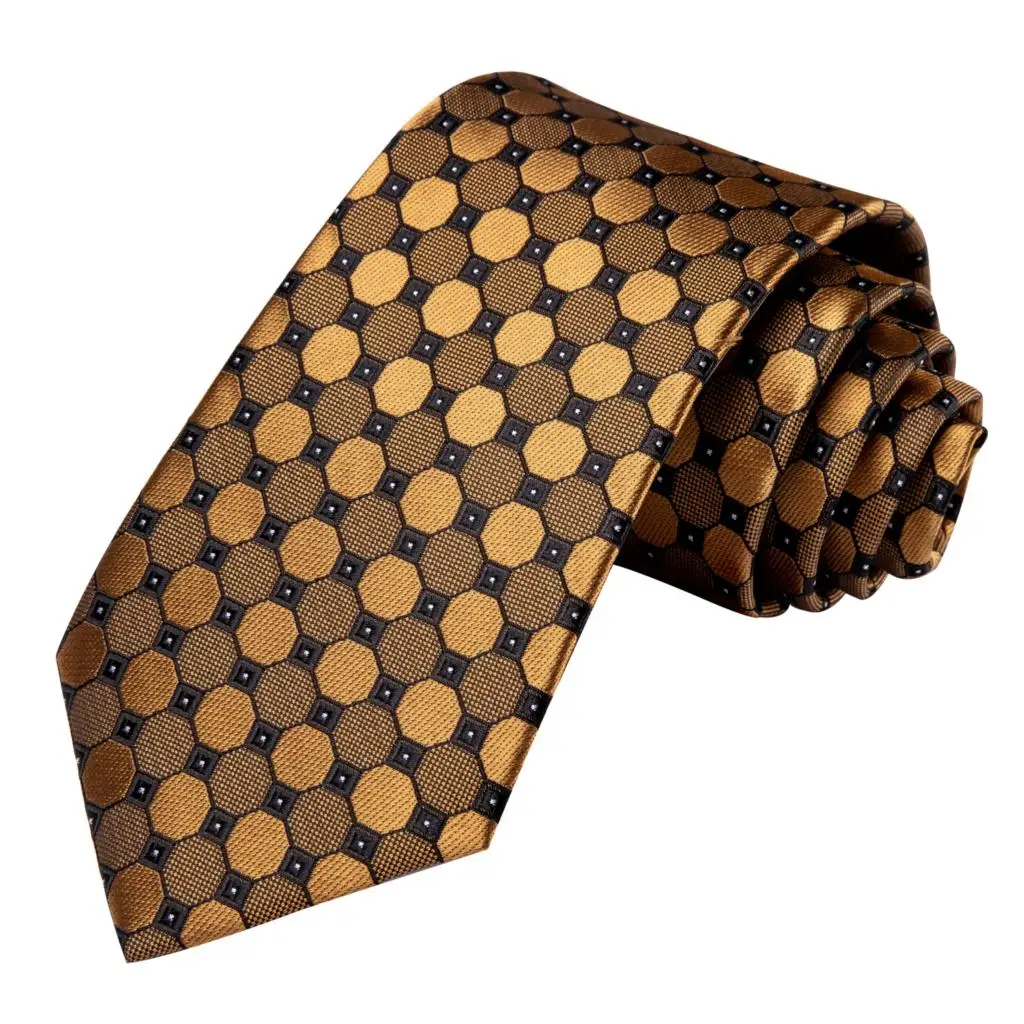 Hi-Tie Black Gold Orange Dot Paisley Wedding Tie For Men Handky Cufflink Fashion Design Tie For Men Business Party Dropship