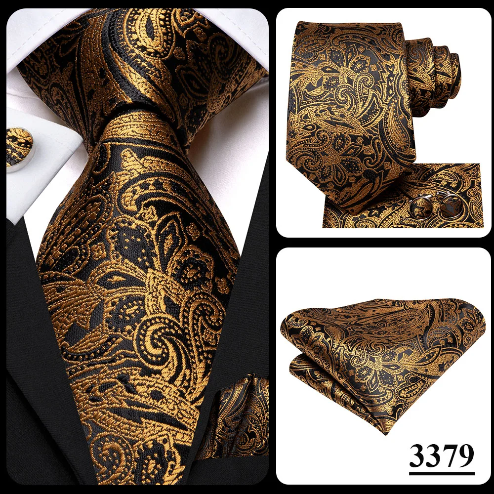 Hi-Tie Black Gold Orange Dot Paisley Wedding Tie For Men Handky Cufflink Fashion Design Tie For Men Business Party Dropship
