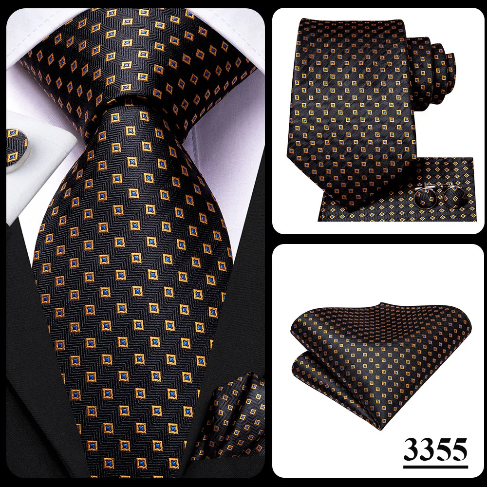 Hi-Tie Black Gold Orange Dot Paisley Wedding Tie For Men Handky Cufflink Fashion Design Tie For Men Business Party Dropship