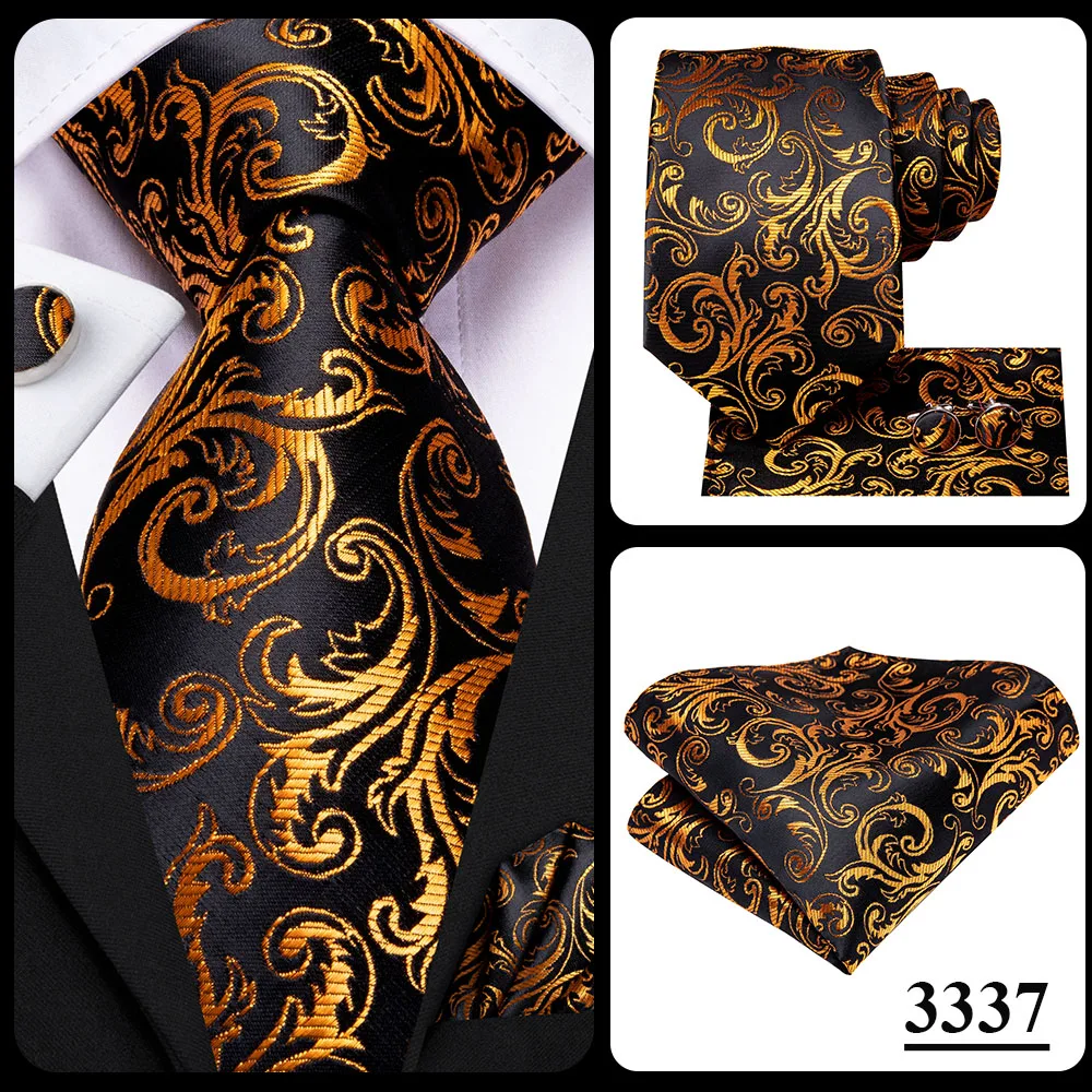 Hi-Tie Black Gold Orange Dot Paisley Wedding Tie For Men Handky Cufflink Fashion Design Tie For Men Business Party Dropship