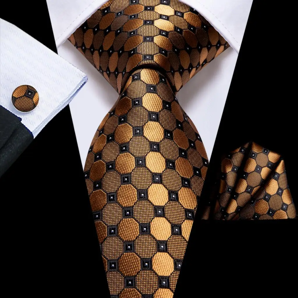 Hi-Tie Black Gold Orange Dot Paisley Wedding Tie For Men Handky Cufflink Fashion Design Tie For Men Business Party Dropship
