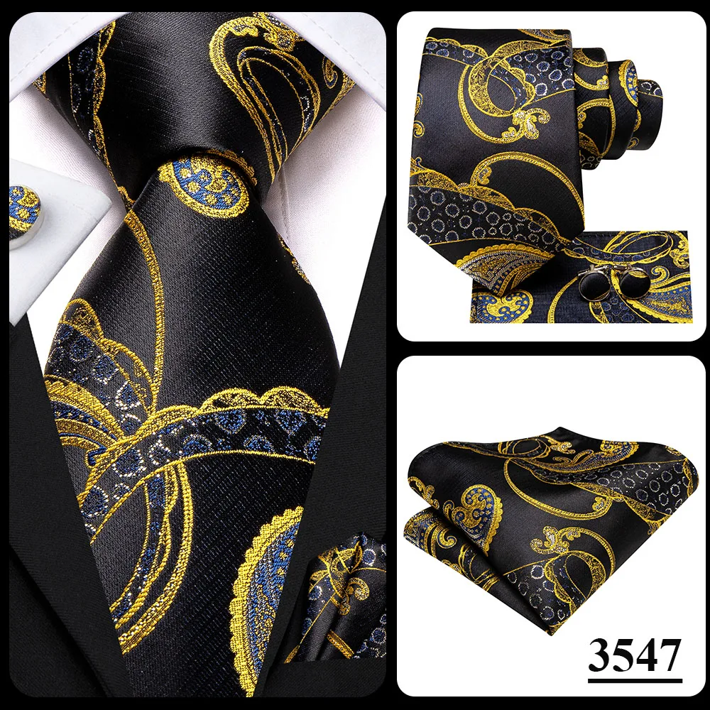Hi-Tie Black Gold Orange Dot Paisley Wedding Tie For Men Handky Cufflink Fashion Design Tie For Men Business Party Dropship