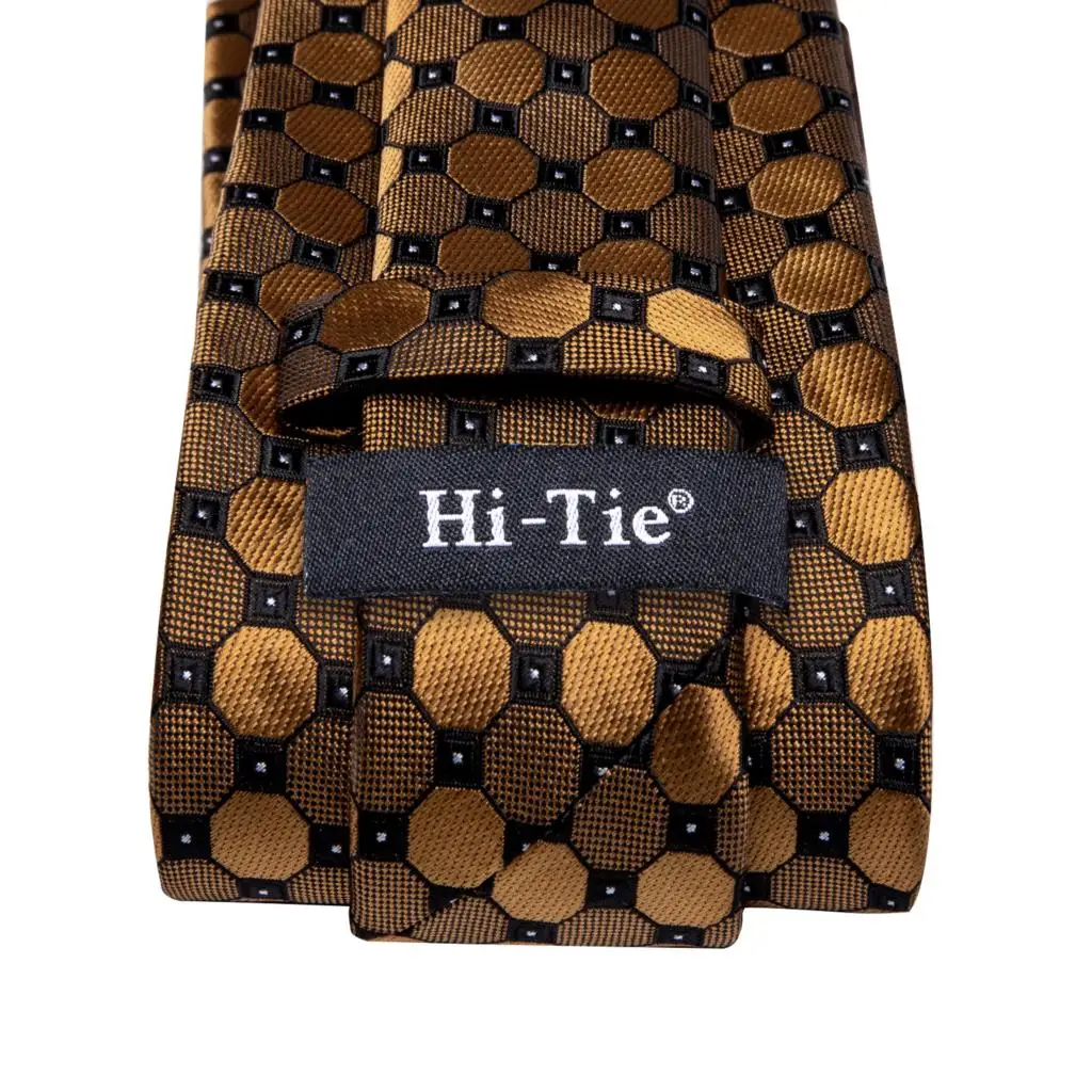 Hi-Tie Black Gold Orange Dot Paisley Wedding Tie For Men Handky Cufflink Fashion Design Tie For Men Business Party Dropship