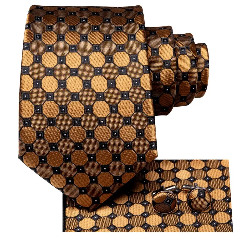 Hi-Tie Black Gold Orange Dot Paisley Wedding Tie For Men Handky Cufflink Fashion Design Tie For Men Business Party Dropship