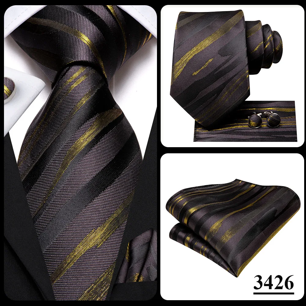 Hi-Tie Black Gold Orange Dot Paisley Wedding Tie For Men Handky Cufflink Fashion Design Tie For Men Business Party Dropship