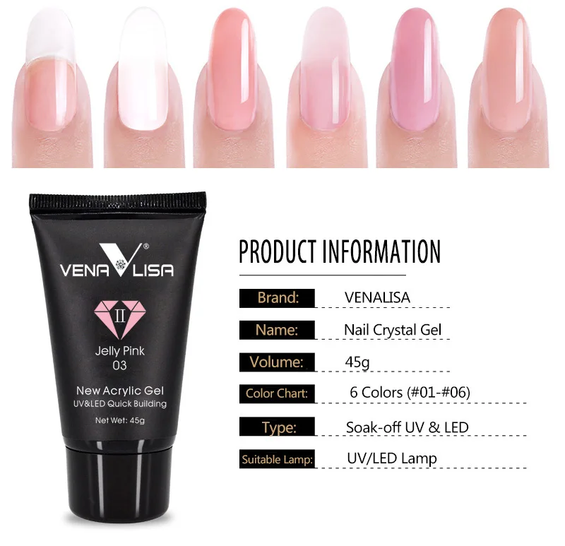 VENALISA Acrylic Gel 45g Jelly Pink Poly Nail Gel Nail Manicure Semi Permanent Extension Soak Off UV Constructin Gel French Gel