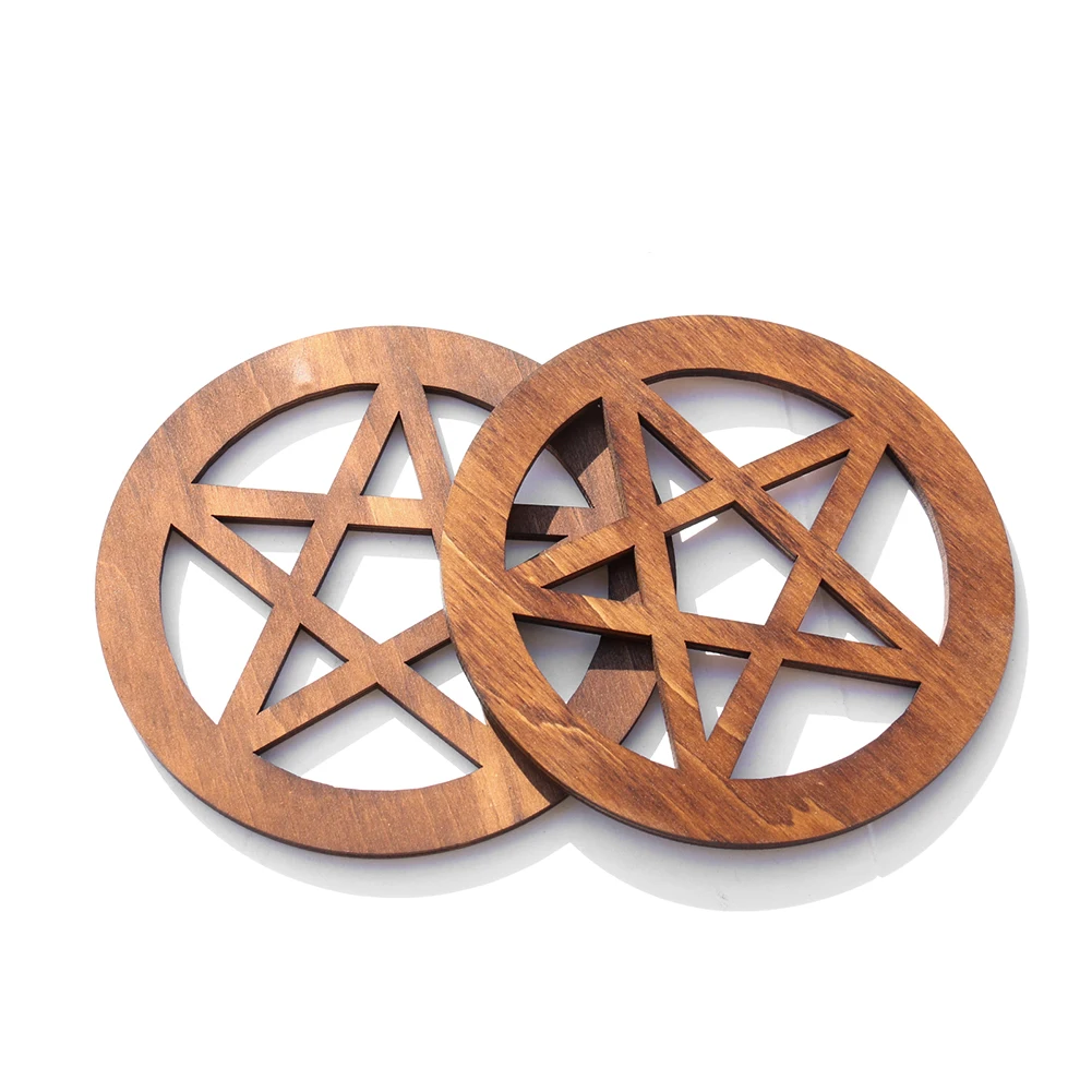 12cm Wood Pentagram Board Lotus Mandala Witchcraft Satan Cup Mat Energy Crystal Jewelry Stand Hanging Ornament Wall Decor