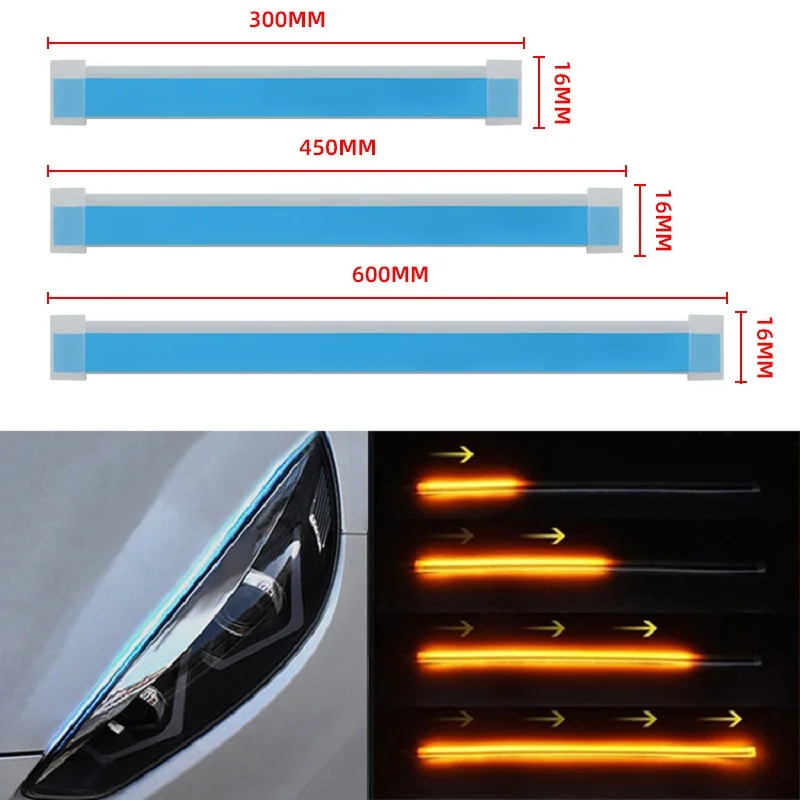 LED DRL Car Daytime Running Light Flexible Waterproof Strip Auto Headlights White 60cm Turn Signal Yellow Brake Flow Lights 12V