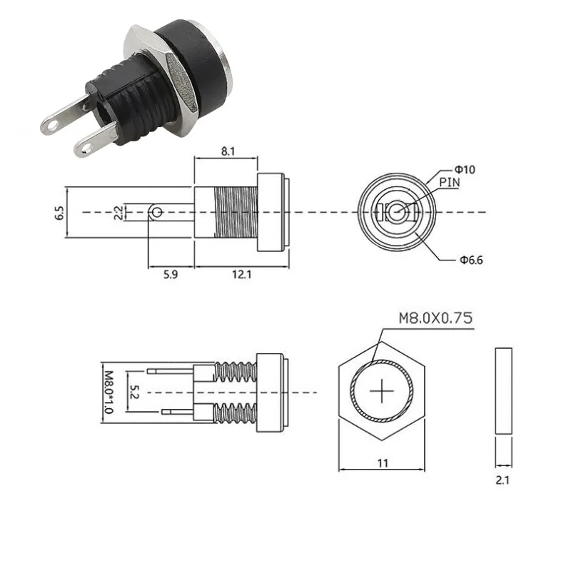 10Pcs 12V 5.5x2.1mm Plugs Jack DC Connectors 5.5*2.1mm DC Power Male Female Socket Nut Panel Mount DC Power Adapter Connector