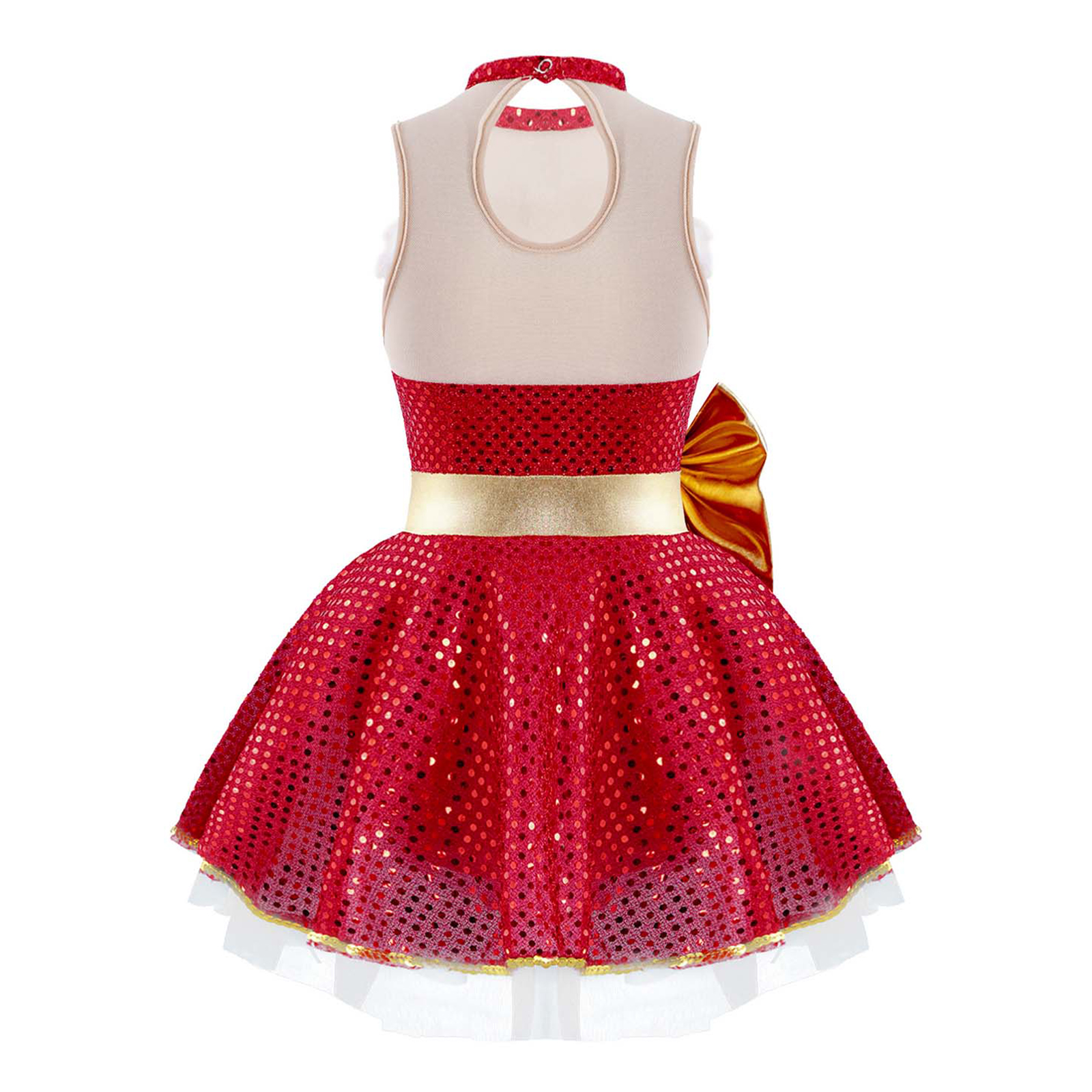 Christmas Elf Tutu Dress Ballet Dance Leotard Kids Girls Figure Skating Dress Sleeveless Mesh Bowknot Sequin Performance Costume