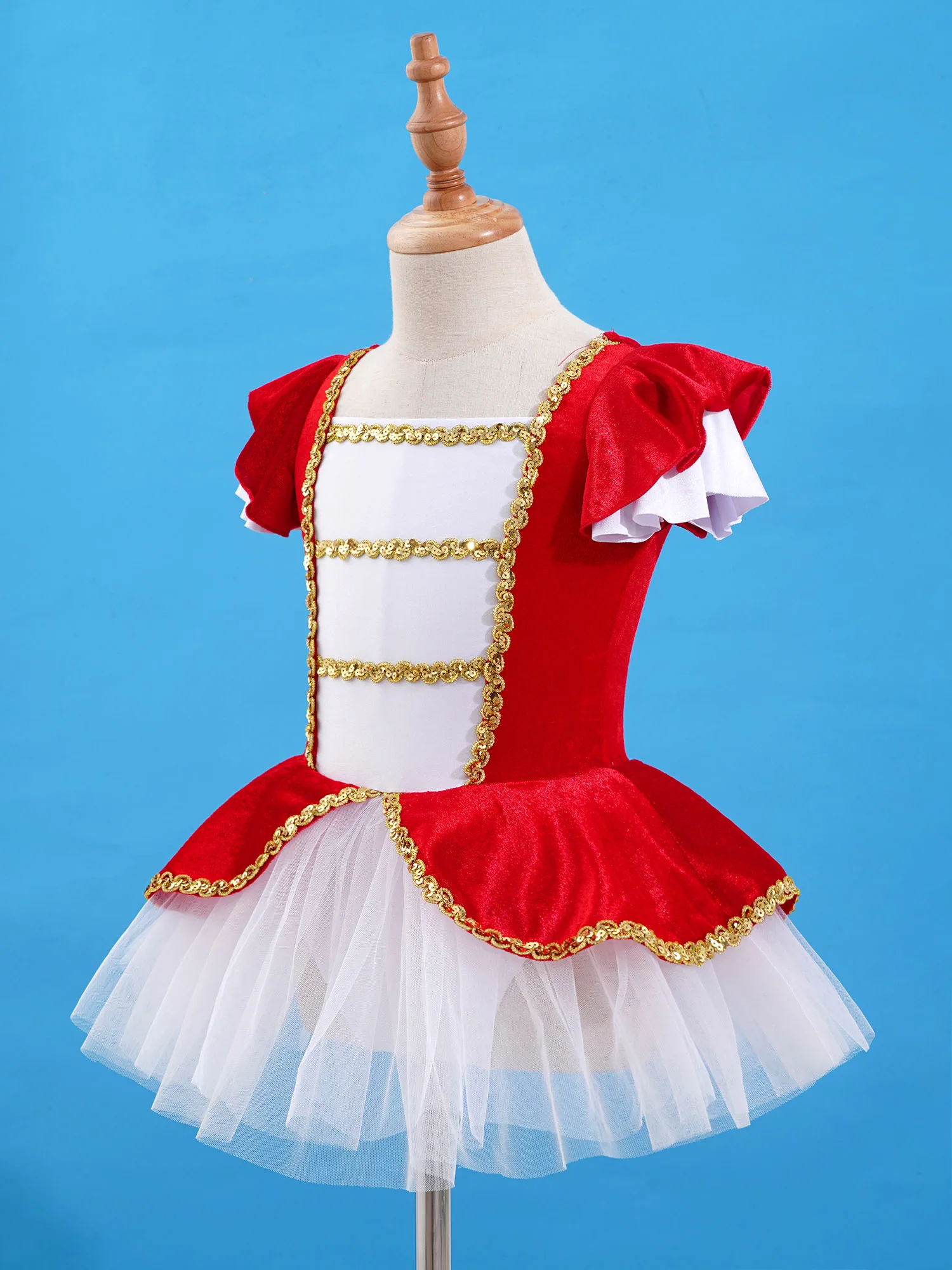 Christmas Elf Tutu Dress Ballet Dance Leotard Kids Girls Figure Skating Dress Sleeveless Mesh Bowknot Sequin Performance Costume