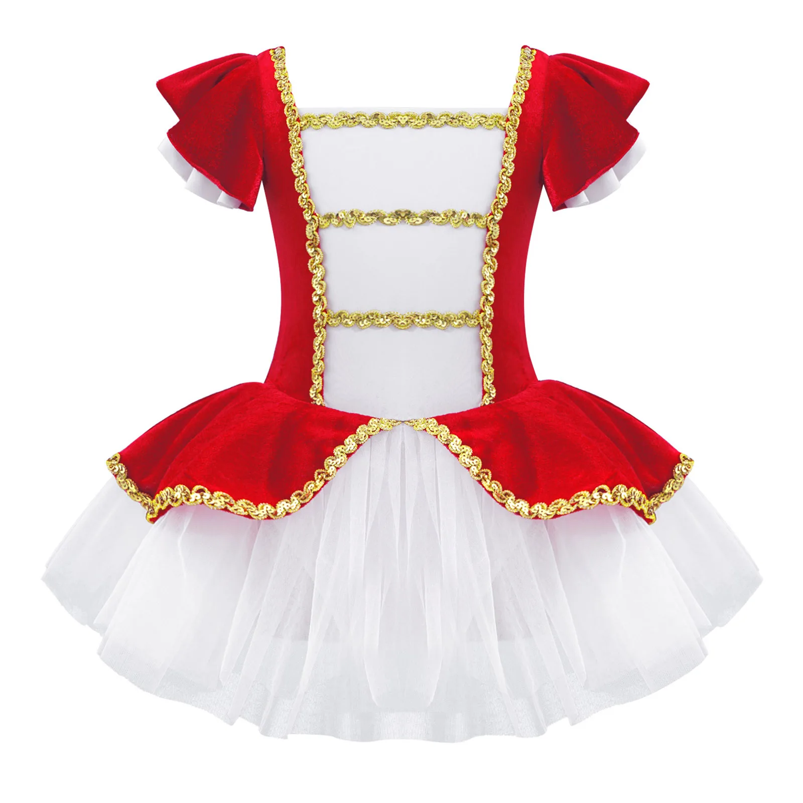 Christmas Elf Tutu Dress Ballet Dance Leotard Kids Girls Figure Skating Dress Sleeveless Mesh Bowknot Sequin Performance Costume