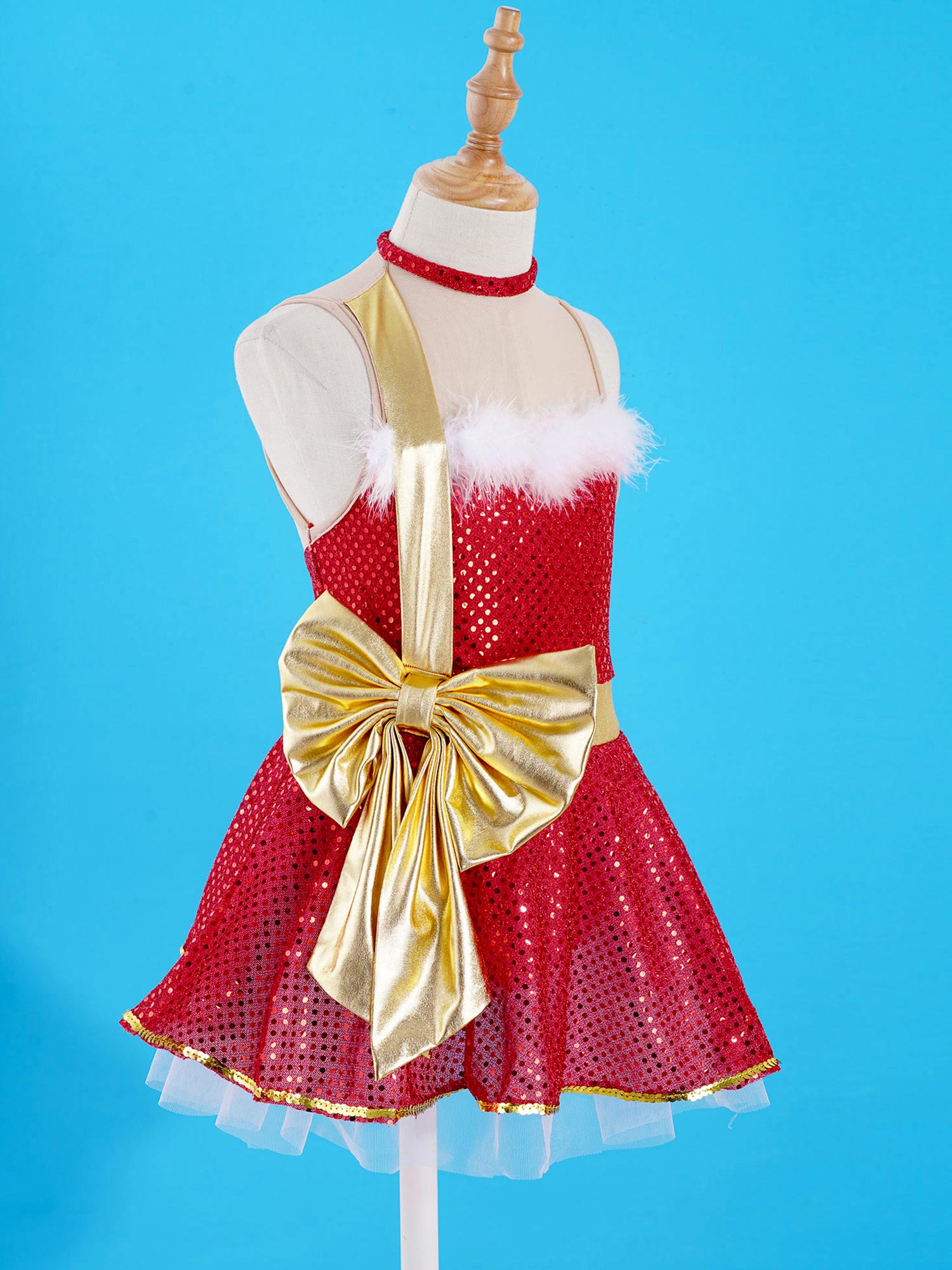 Christmas Elf Tutu Dress Ballet Dance Leotard Kids Girls Figure Skating Dress Sleeveless Mesh Bowknot Sequin Performance Costume