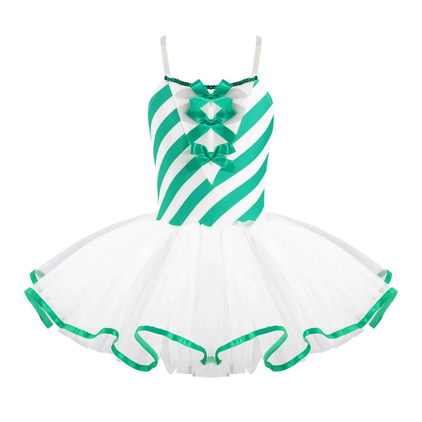 Christmas Elf Tutu Dress Ballet Dance Leotard Kids Girls Figure Skating Dress Sleeveless Mesh Bowknot Sequin Performance Costume