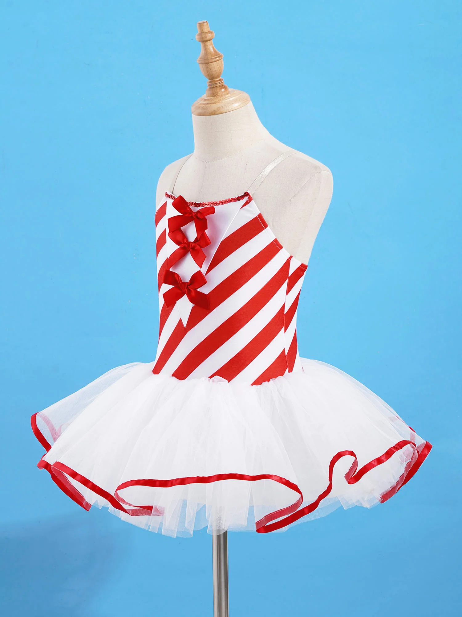 Christmas Elf Tutu Dress Ballet Dance Leotard Kids Girls Figure Skating Dress Sleeveless Mesh Bowknot Sequin Performance Costume