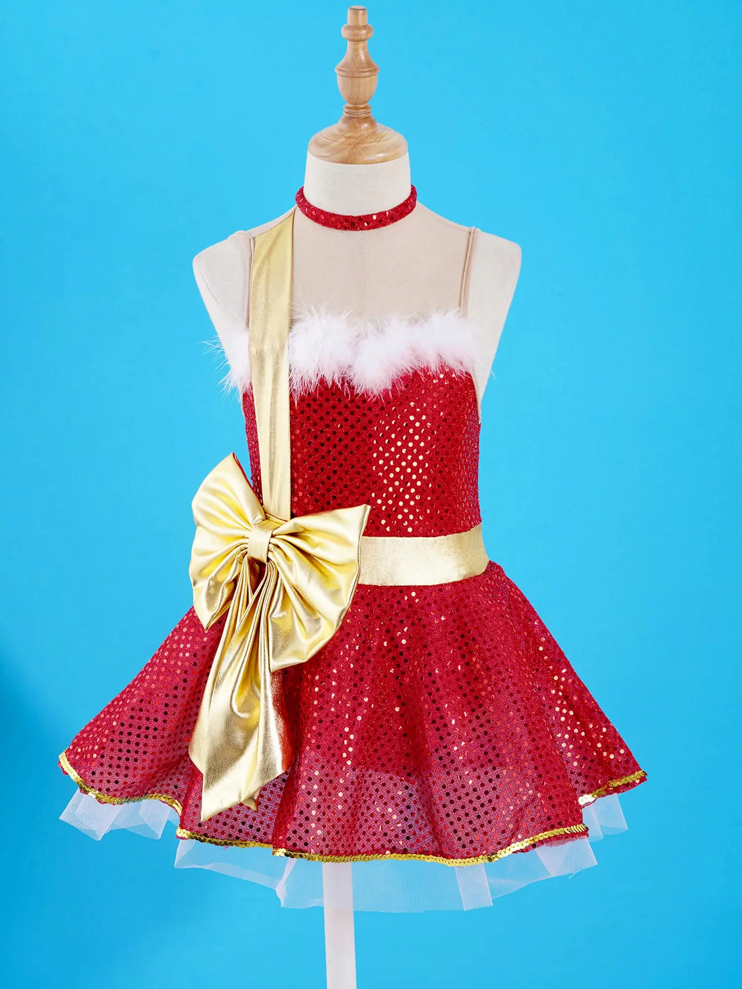 Christmas Elf Tutu Dress Ballet Dance Leotard Kids Girls Figure Skating Dress Sleeveless Mesh Bowknot Sequin Performance Costume