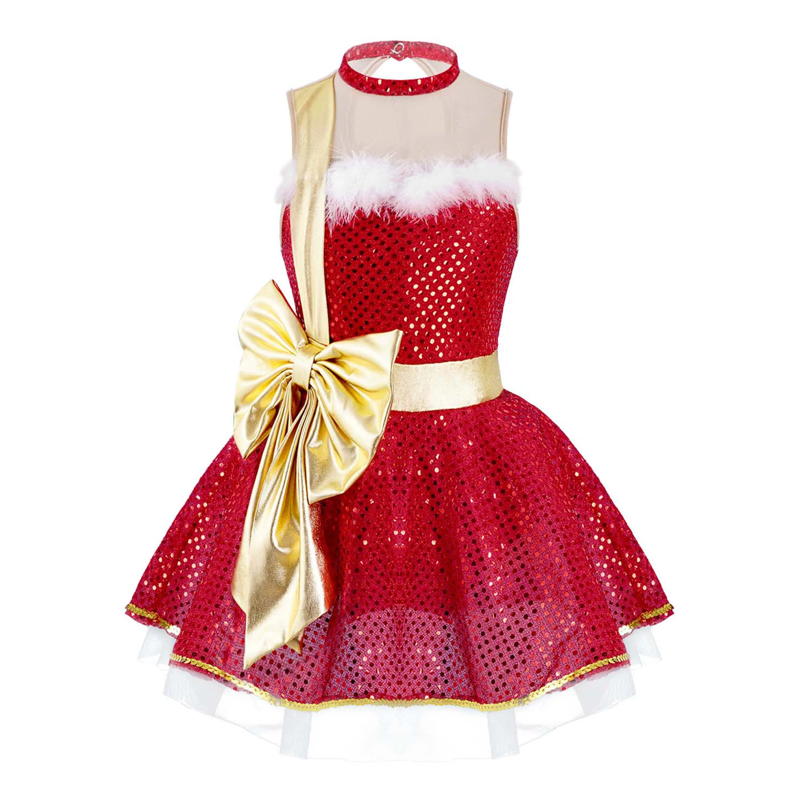 Christmas Elf Tutu Dress Ballet Dance Leotard Kids Girls Figure Skating Dress Sleeveless Mesh Bowknot Sequin Performance Costume