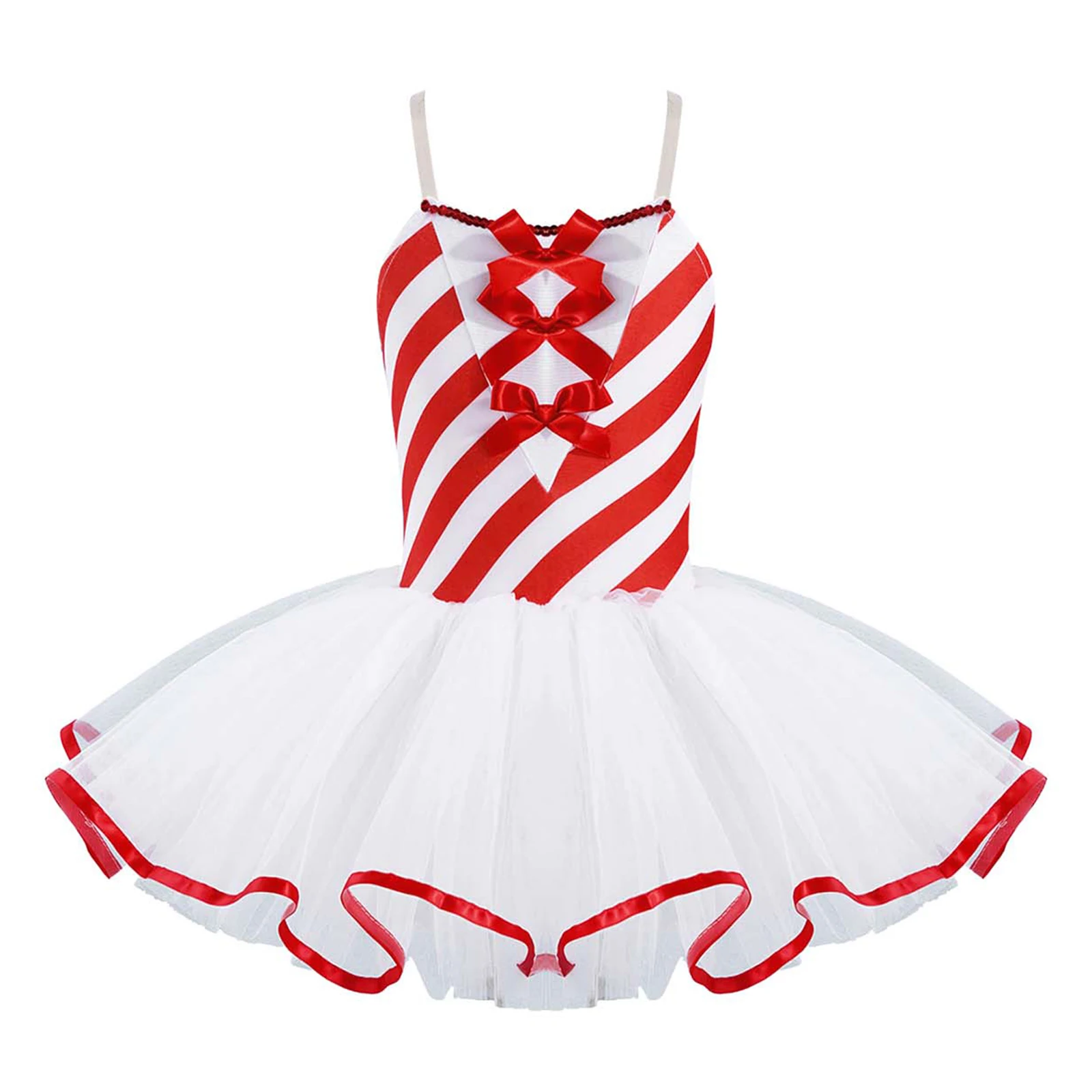 Christmas Elf Tutu Dress Ballet Dance Leotard Kids Girls Figure Skating Dress Sleeveless Mesh Bowknot Sequin Performance Costume