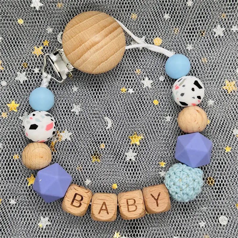Custom Name Personalized Baby Beech Wooden Chew Beads Pacifier Clips Dummy Chains Holder Soother Chain Newborn Teething Toy Gift