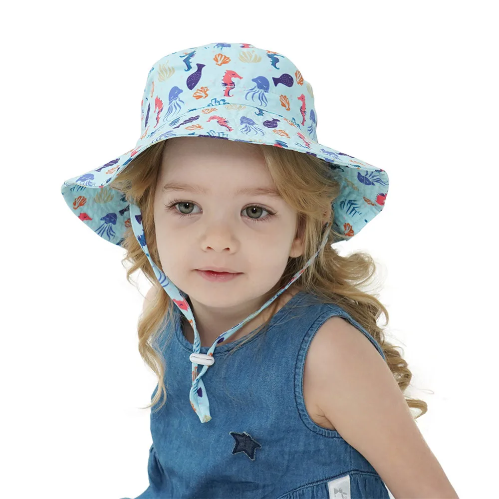 Girls Boys Outdoor Anti UV Beach Cap Summer Baby Sun Hat Swimming Hat Kids Bucket Cap with Adjustable Chin Strap 0-8 Years