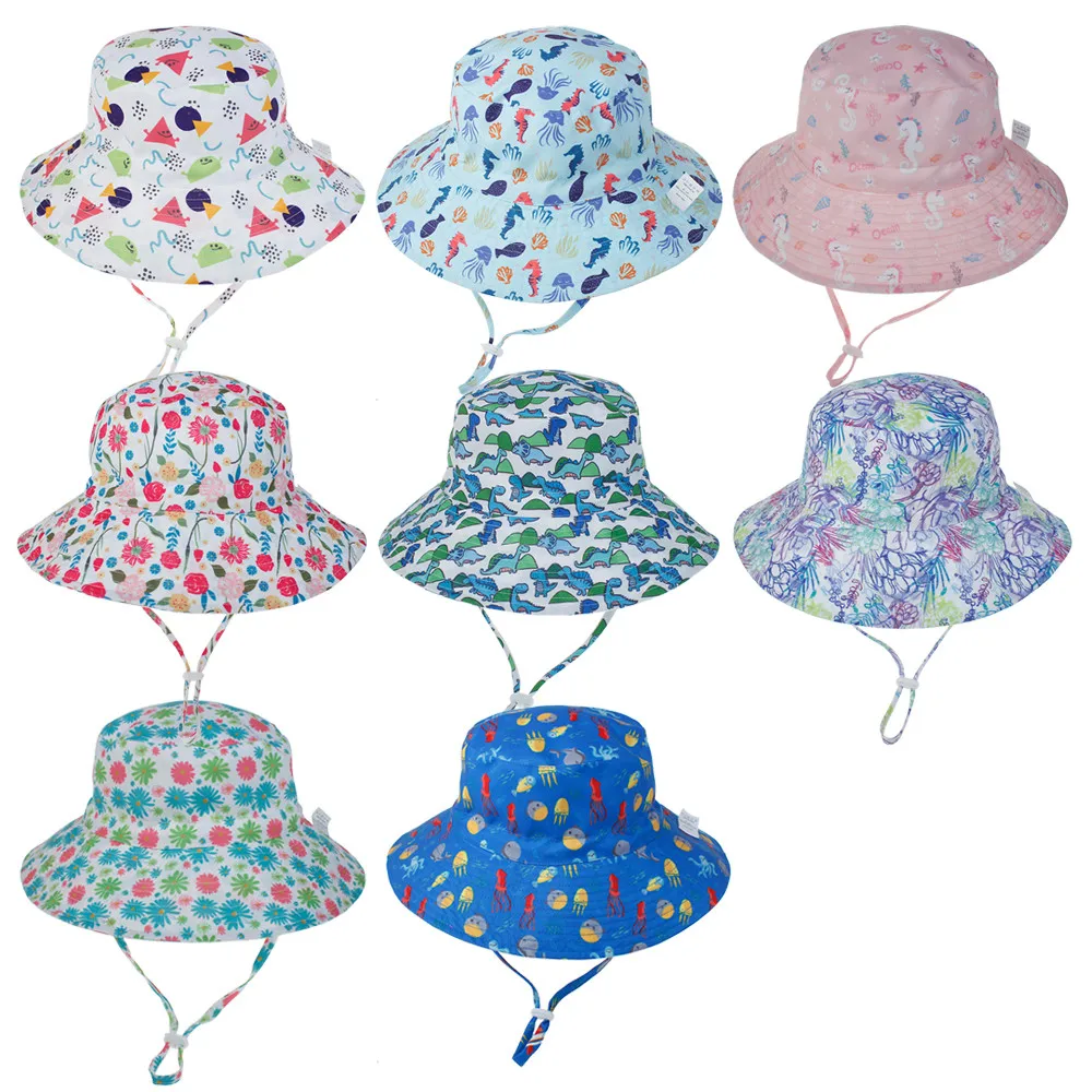 Girls Boys Outdoor Anti UV Beach Cap Summer Baby Sun Hat Swimming Hat Kids Bucket Cap with Adjustable Chin Strap 0-8 Years