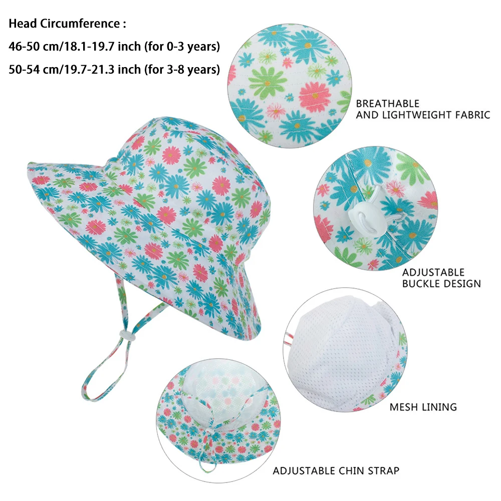 Girls Boys Outdoor Anti UV Beach Cap Summer Baby Sun Hat Swimming Hat Kids Bucket Cap with Adjustable Chin Strap 0-8 Years