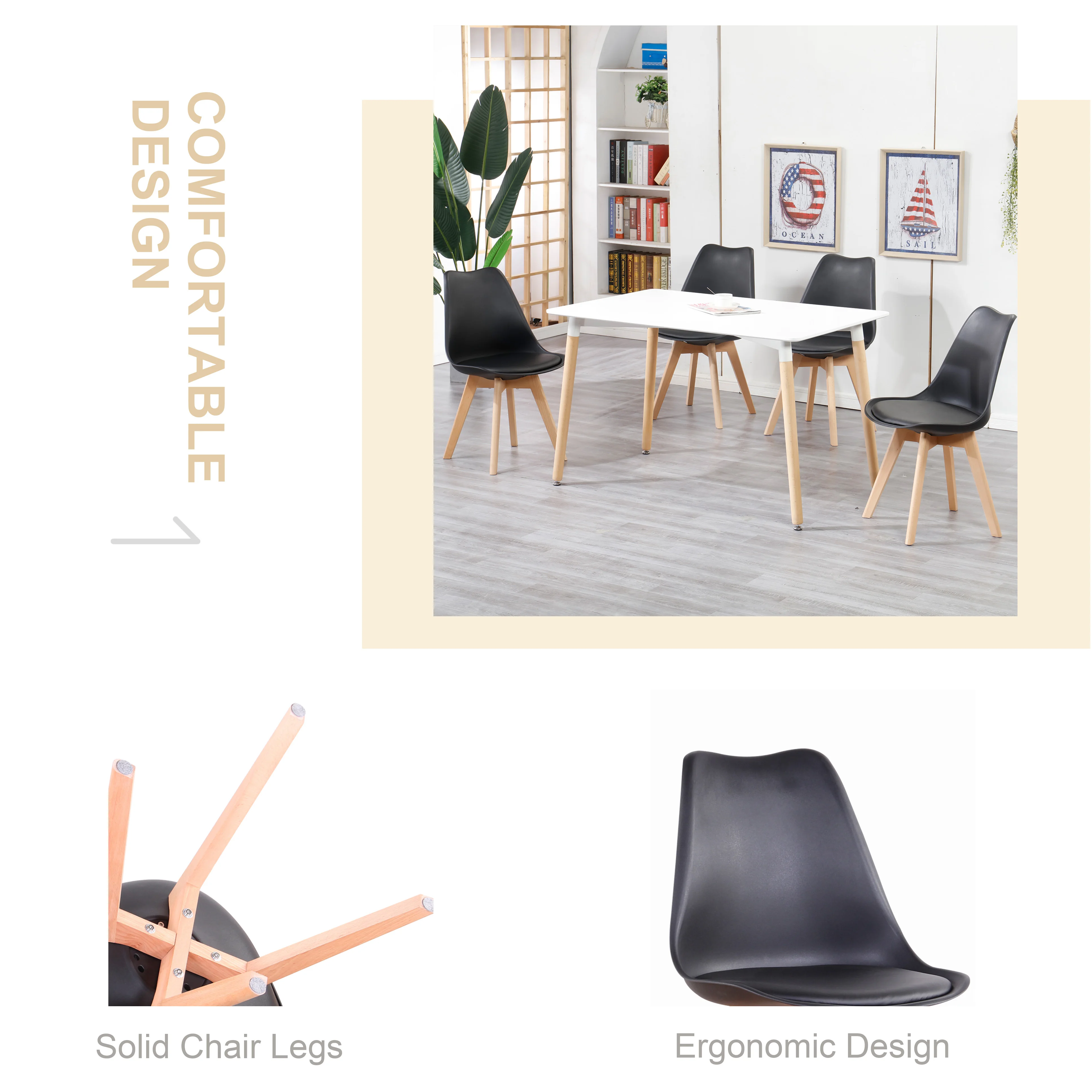 A Set of 2/4/6 Mid-Century Dining Chairs Modern Style Plastic DAW Shell Lounge Chair with Wooden Legs for Kitchen Office Black