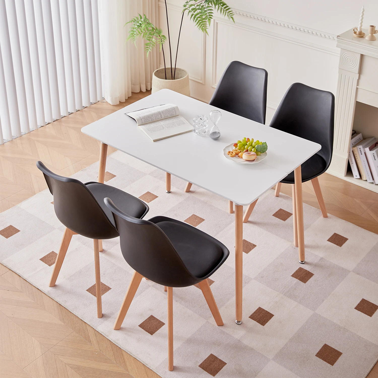 A Set of 2/4/6 Mid-Century Dining Chairs Modern Style Plastic DAW Shell Lounge Chair with Wooden Legs for Kitchen Office Black