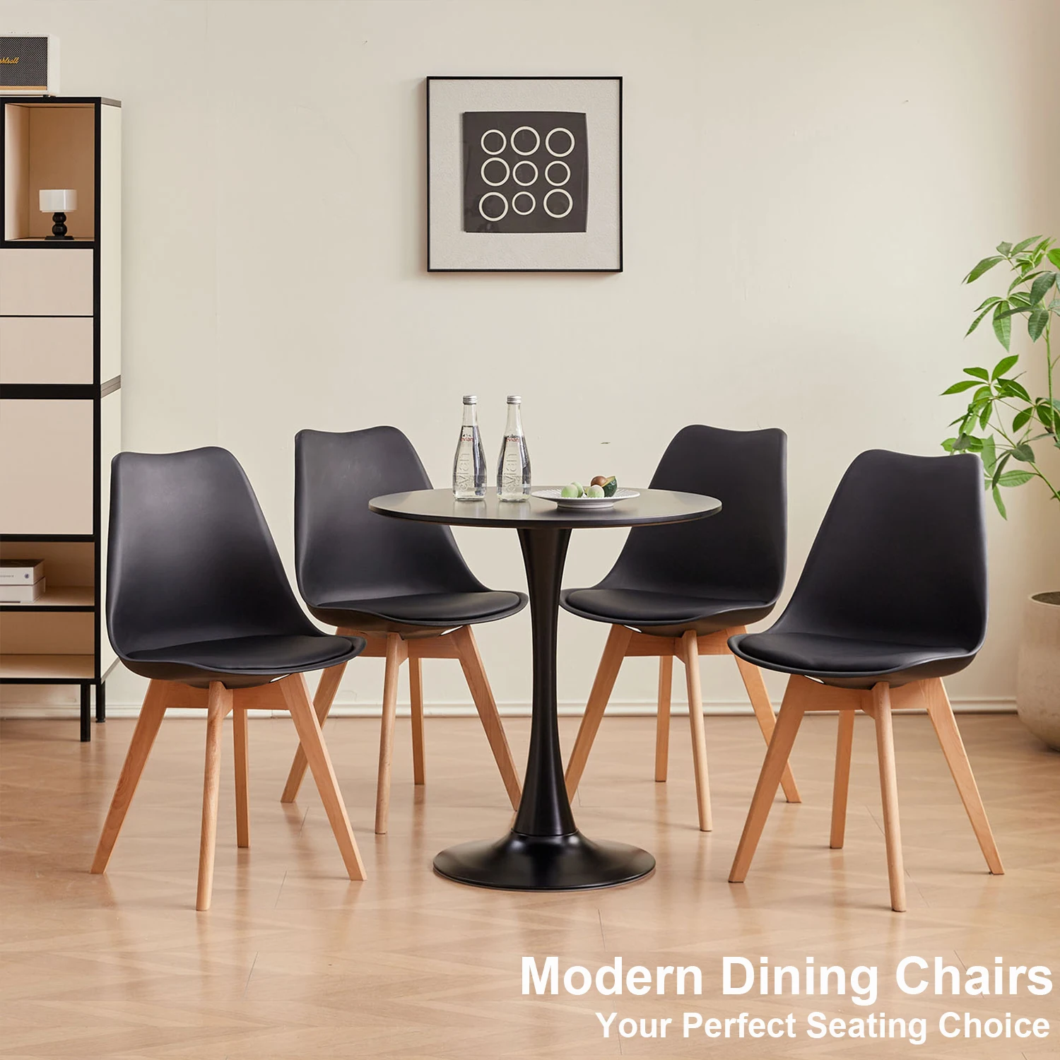 A Set of 2/4/6 Mid-Century Dining Chairs Modern Style Plastic DAW Shell Lounge Chair with Wooden Legs for Kitchen Office Black