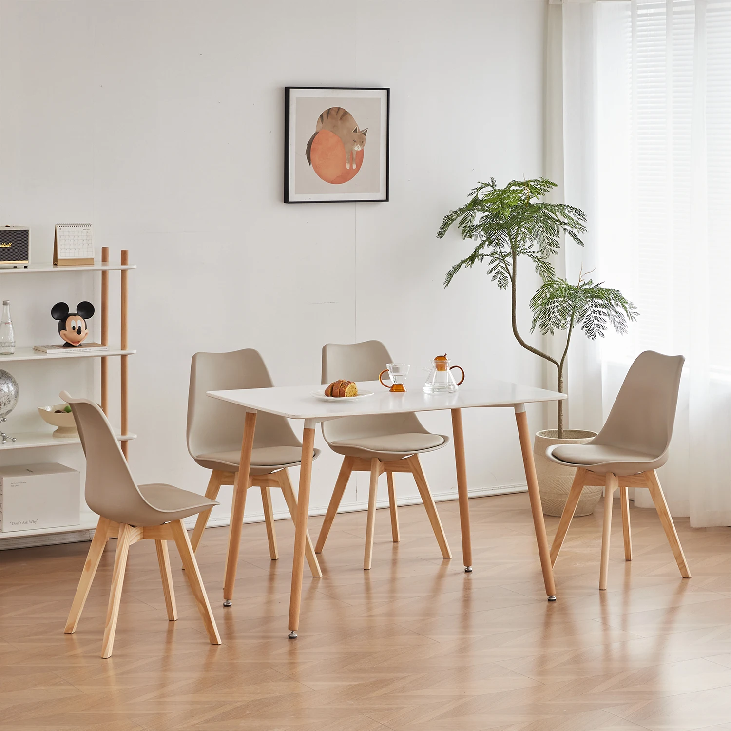 A Set of 2/4/6 Mid-Century Dining Chairs Modern Style Plastic DAW Shell Lounge Chair with Wooden Legs for Kitchen Office Black