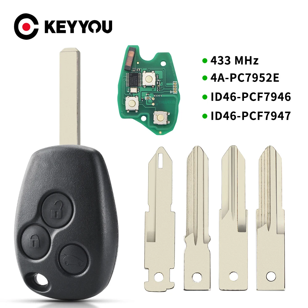 KEYYOU For Renault Clio Kangoo Master Modus Logan Twingo Fob ID46 PCF7946 / PCF7947 / 4A Chip 434MHz 3 Buttons Remote Car Key