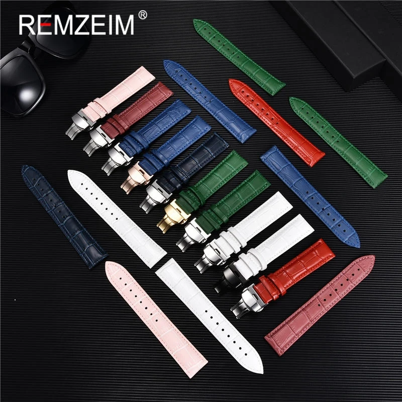 REMZEIM Watch Accessories Watch Strap 18mm 20mm 22mm 24mm Cow Leather Watch Band Blue Green Red Brown Black Watchband